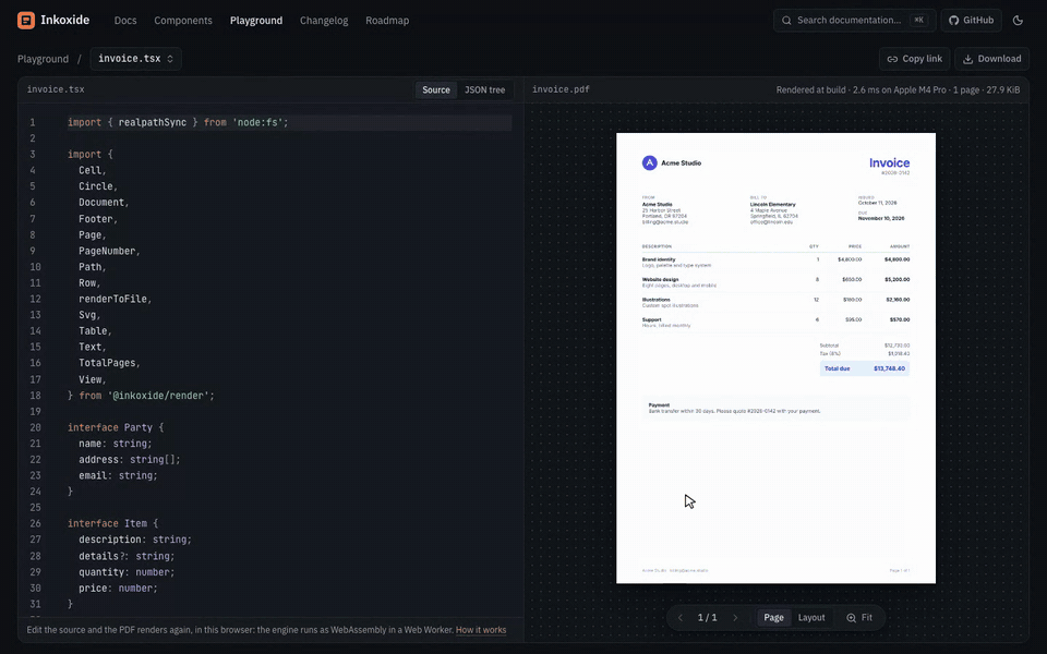 The playground: the invoice's title is edited in the source, the PDF renders again in the browser, and Layout shows the boxes the engine laid out, with their sizes in points.