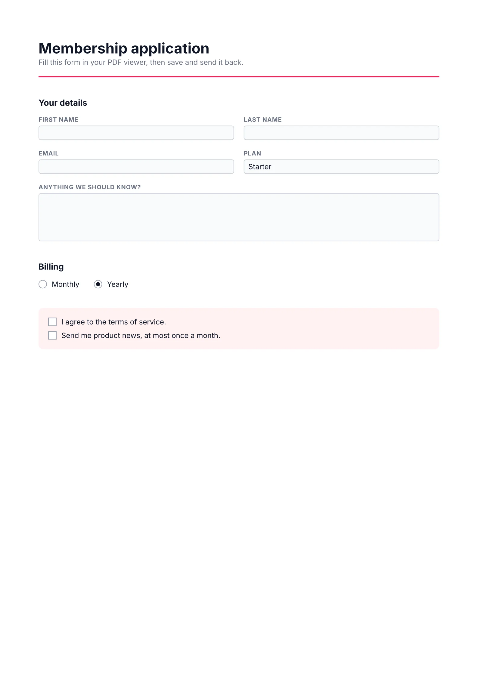 Membership application PDF with text fields, a plan select, two radio buttons and two consent checkboxes.