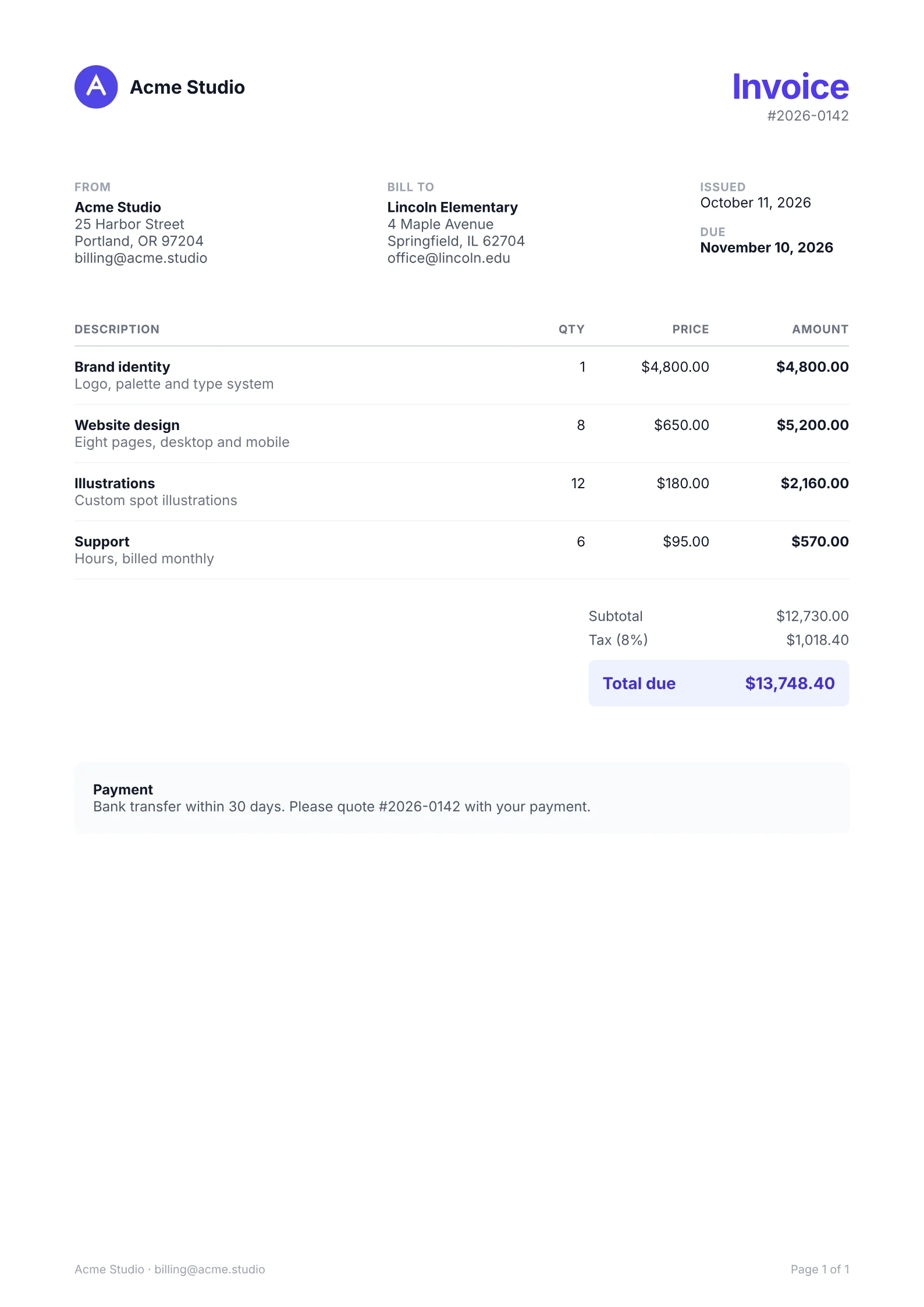 Invoice PDF: logo, sender and client addresses, a four-row line-item table, subtotal, tax and a highlighted total due.