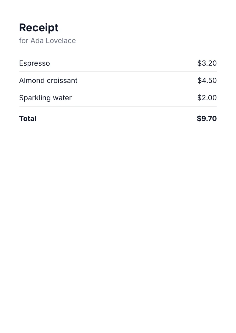 A6 receipt PDF: 'Receipt for Ada Lovelace', three items with prices and a bold total.