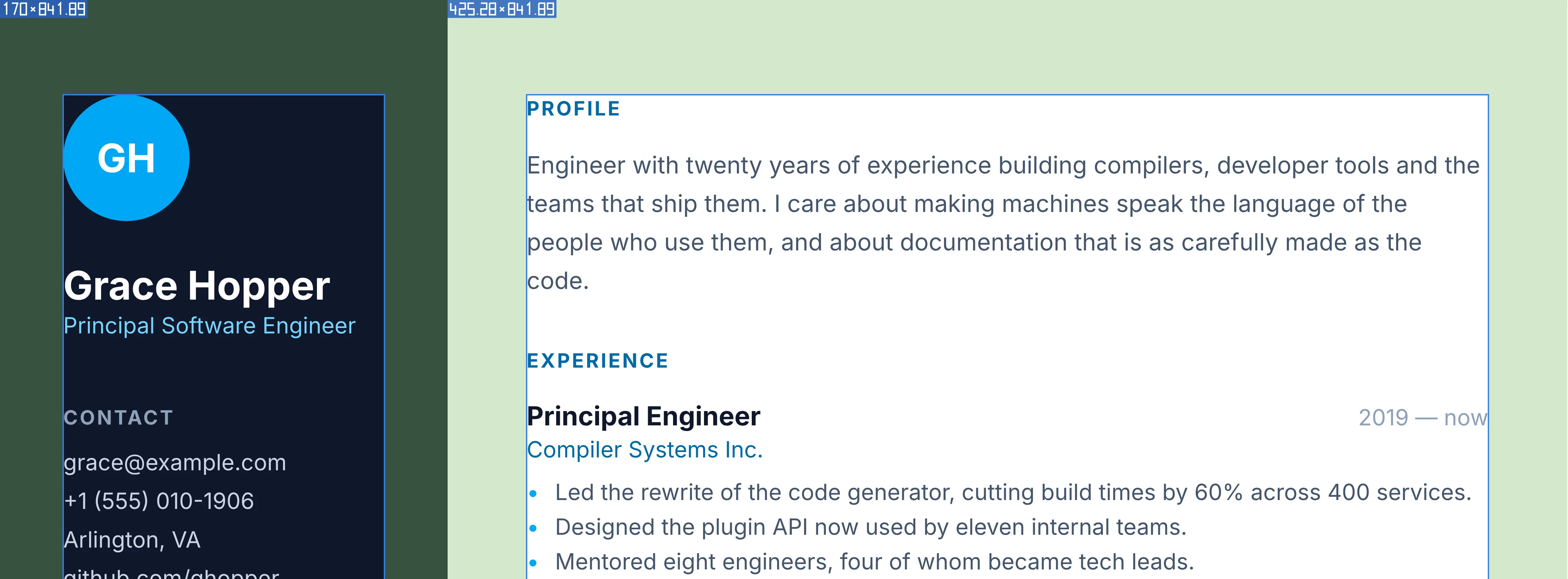 resume.pdf, Layout: the CSS grid's two columns and their widths, the top of the page